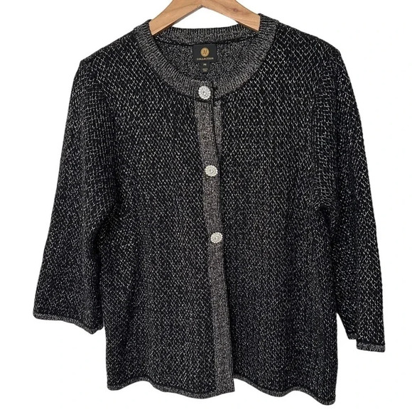 JM Collection MP‎ elegant black cardigan with silver thread + rhinestone buttons - Picture 1 of 7